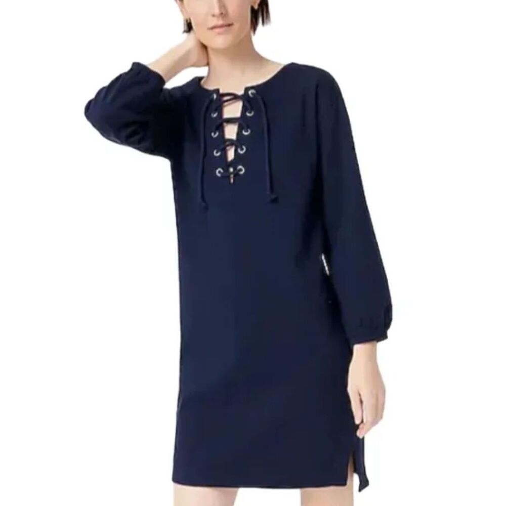 NWT J. Crew Navy Blue Lace-up Balloon-Sleeve Dress Women’s Small - Picture 2 of 9